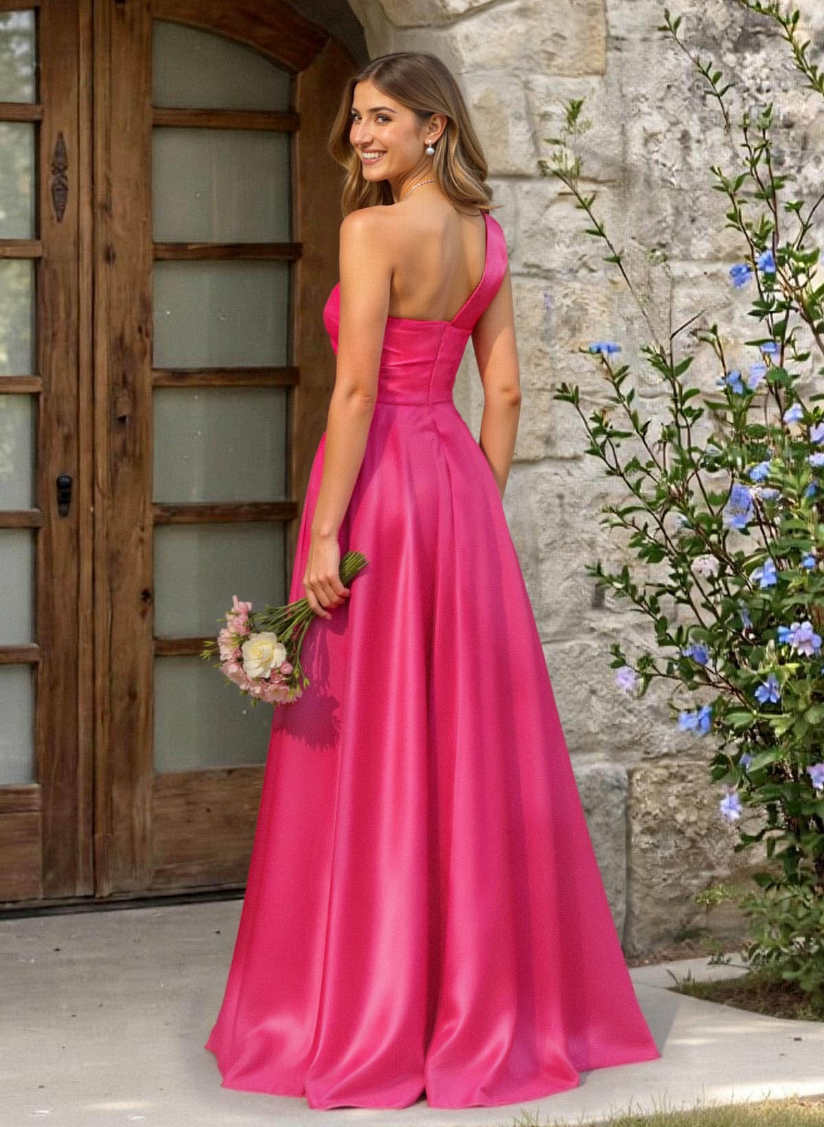 A-Line One-Shoulder Sleeveless Sweep Train Satin Bridesmaid Dresses, product image 2