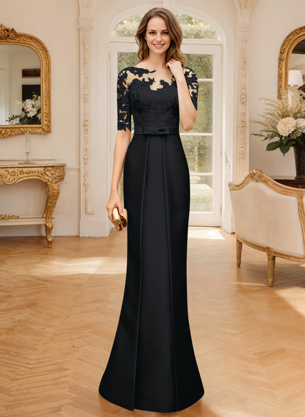 Modest Semi Sheer Illusion Floral Embroidered Neck Mother Of The Bride Dresses With Bow