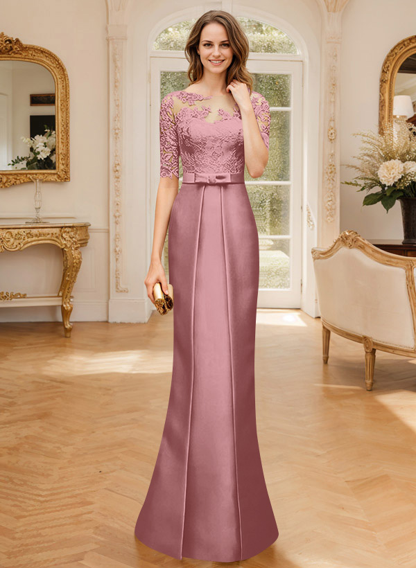 Modest Semi Sheer Illusion Floral Embroidered Neck Mother Of The Bride Dresses With Bow