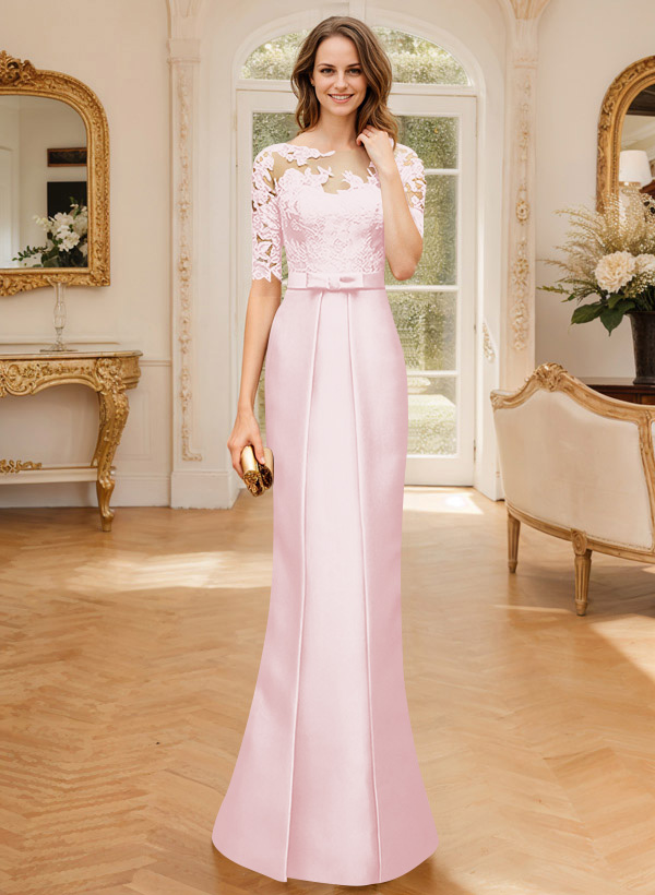 Modest Semi Sheer Illusion Floral Embroidered Neck Mother Of The Bride Dresses With Bow