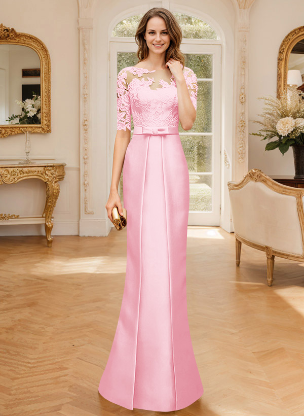Modest Semi Sheer Illusion Floral Embroidered Neck Mother Of The Bride Dresses With Bow