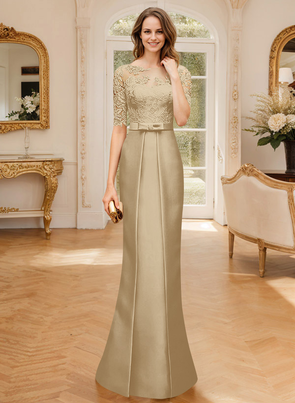 Modest Semi Sheer Illusion Floral Embroidered Neck Mother Of The Bride Dresses With Bow