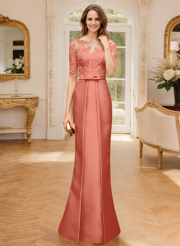 Modest Semi Sheer Illusion Floral Embroidered Neck Mother Of The Bride Dresses With Bow