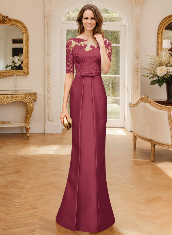 Modest Semi Sheer Illusion Floral Embroidered Neck Mother Of The Bride Dresses With Bow