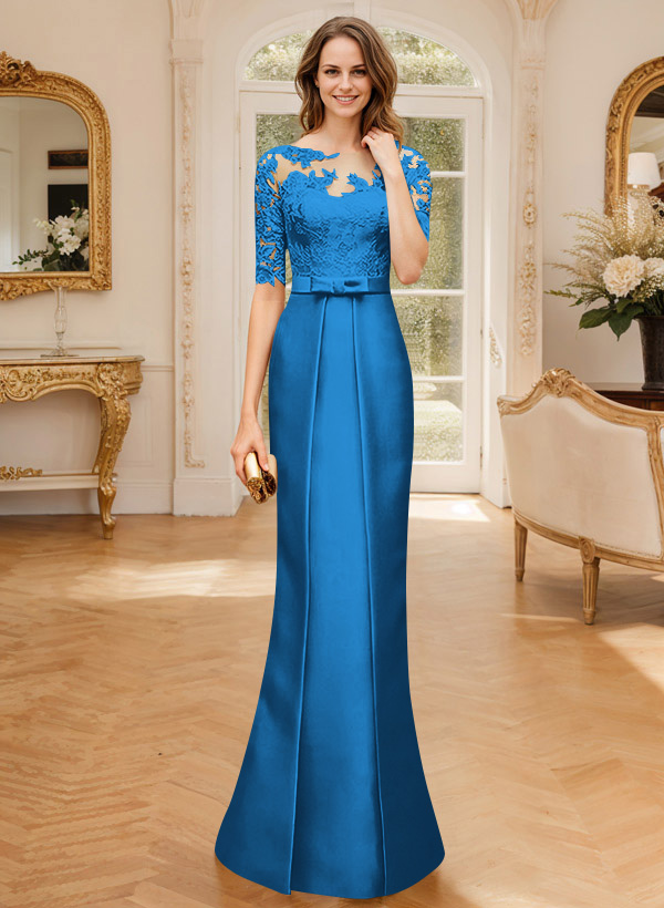 Modest Semi Sheer Illusion Floral Embroidered Neck Mother Of The Bride Dresses With Bow