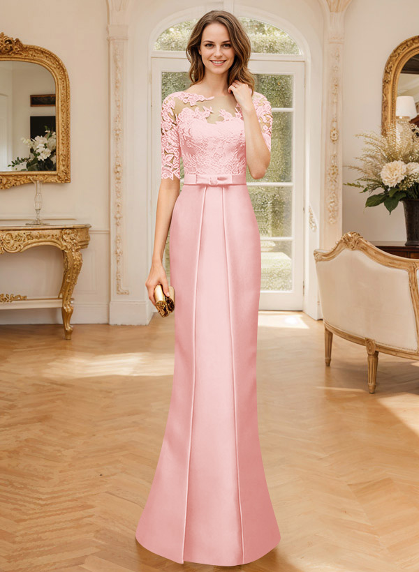 Modest Semi Sheer Illusion Floral Embroidered Neck Mother Of The Bride Dresses With Bow