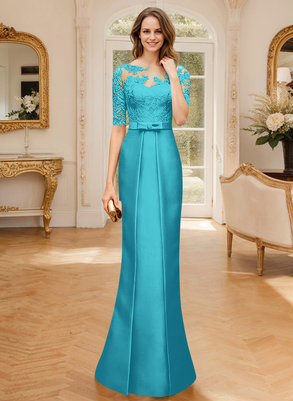 Modest Semi Sheer Illusion Floral Embroidered Neck Mother Of The Bride Dresses With Bow
