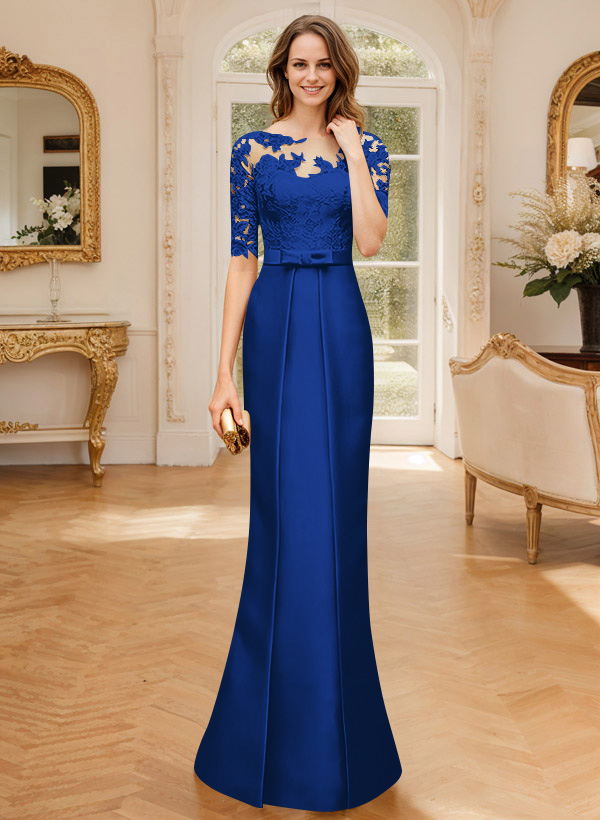 Modest Semi Sheer Illusion Floral Embroidered Neck Mother Of The Bride Dresses With Bow