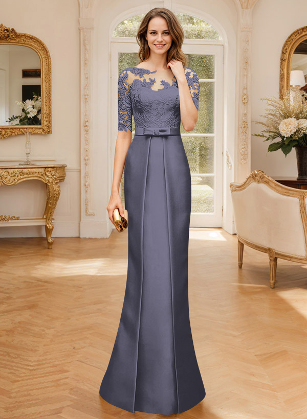 Modest Semi Sheer Illusion Floral Embroidered Neck Mother Of The Bride Dresses With Bow
