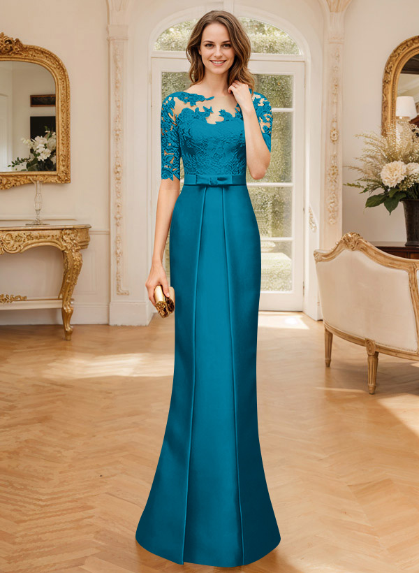 Modest Semi Sheer Illusion Floral Embroidered Neck Mother Of The Bride Dresses With Bow