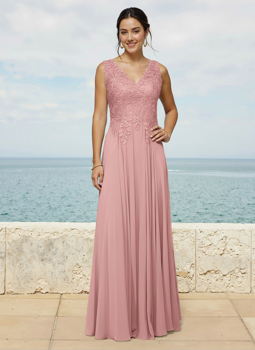 A-Line V-Neck Sleeveless Sweep Train Chiffon Bridesmaid Dresses With Lace, image 9
