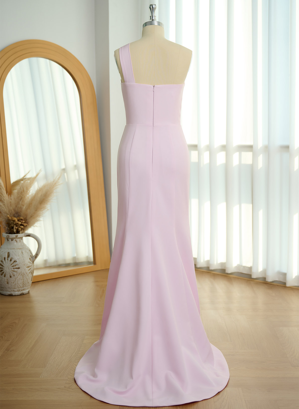 One-Shoulder Trumpet/Mermaid Pink Elastic Satin Bridesmaid Dresses, product image 5