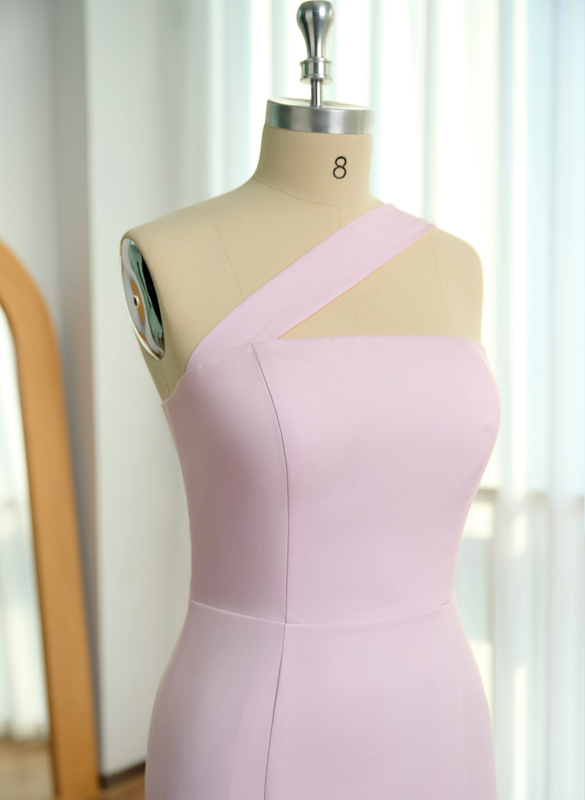 One-Shoulder Trumpet/Mermaid Pink Elastic Satin Bridesmaid Dresses, product image 6