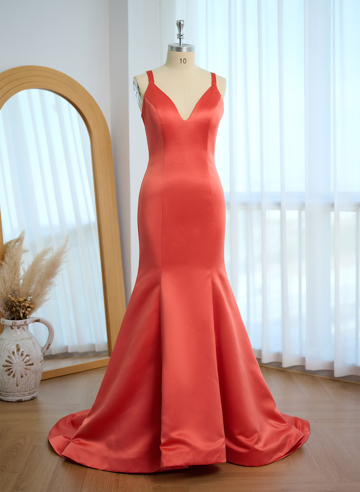 Trumpet/Mermaid V-Neck Sleeveless Sweep Train Satin Bridesmaid Dresses, product image 53