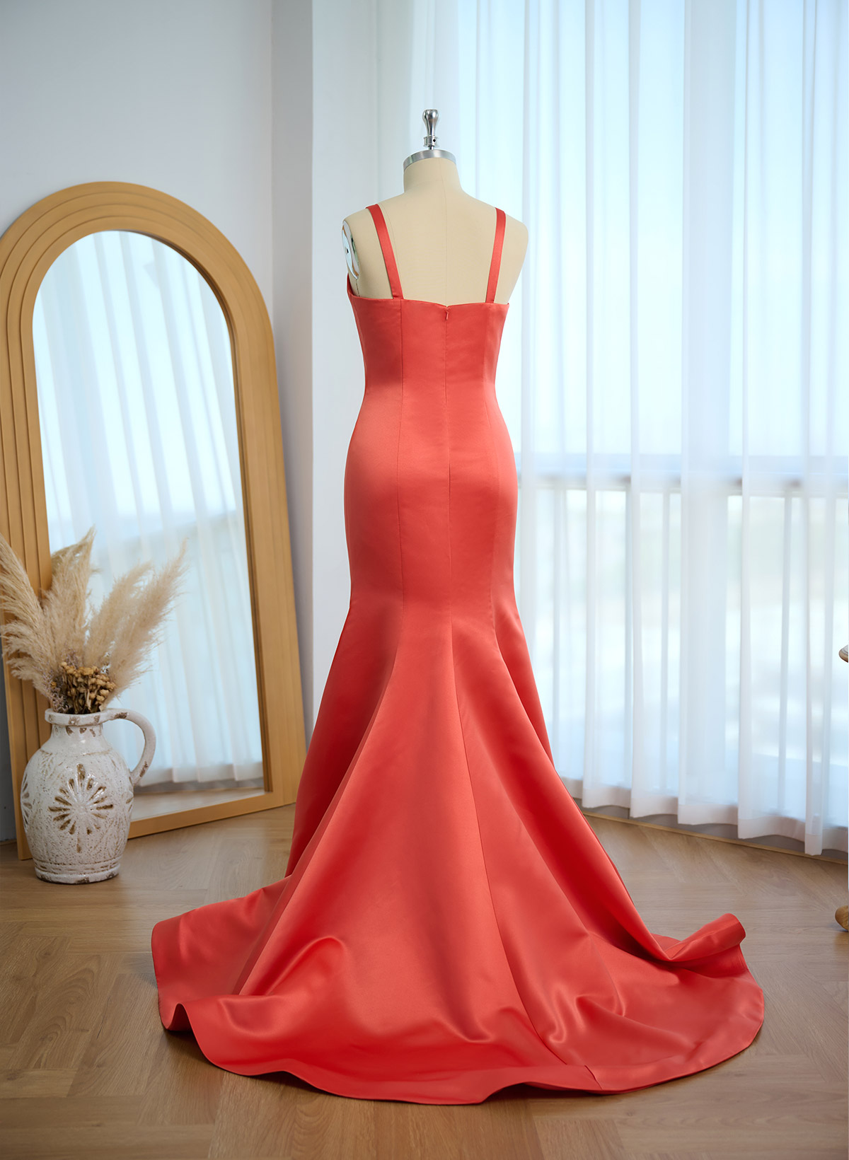 Trumpet/Mermaid V-Neck Sleeveless Sweep Train Satin Bridesmaid Dresses, product image 54