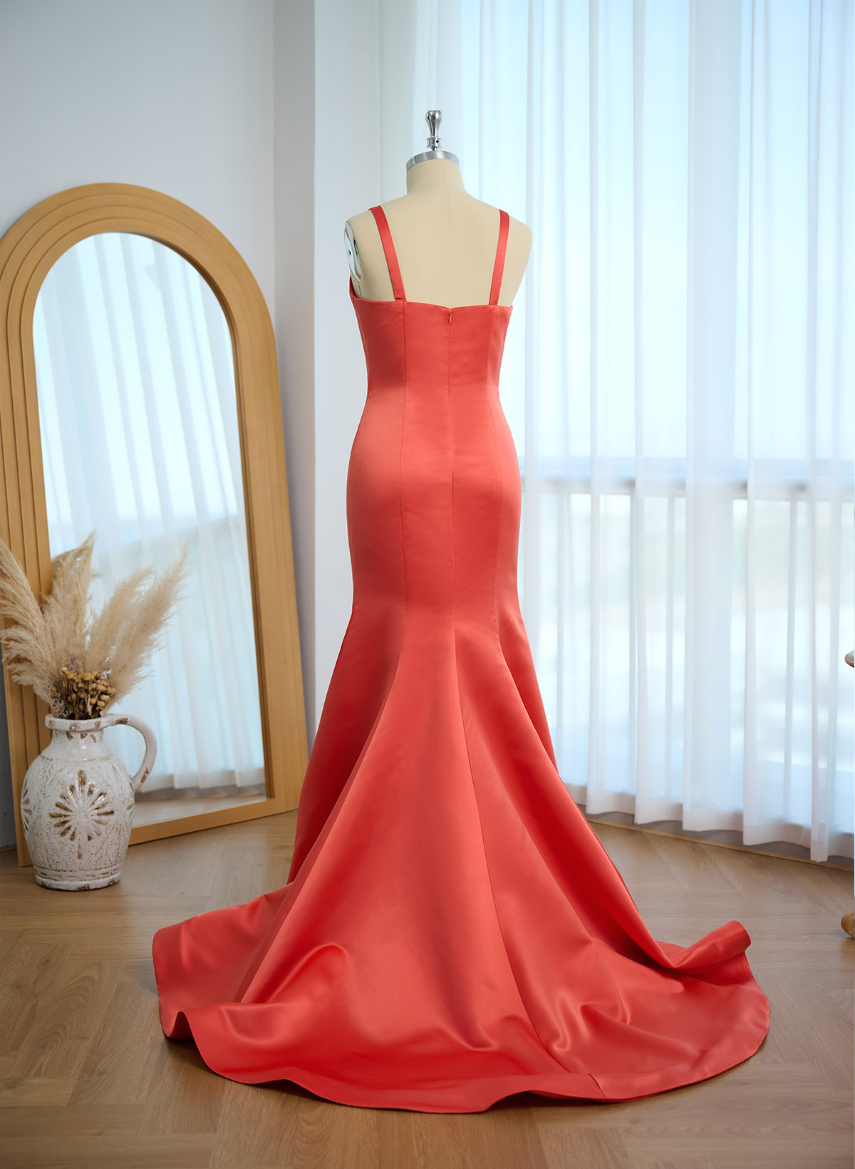 Trumpet/Mermaid V-Neck Sleeveless Sweep Train Satin Bridesmaid Dresses, product image 54