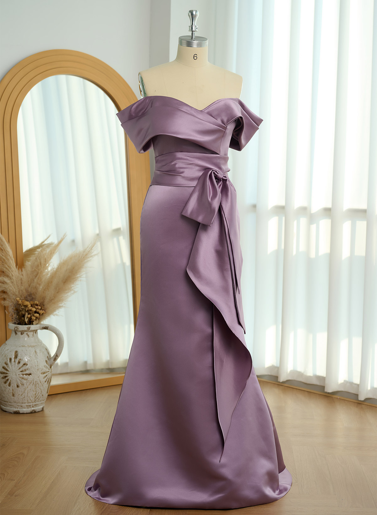 Trumpet/Mermaid Off-The-Shoulder Sleeveless Sweep Train Satin Bridesmaid Dresses, product image 61