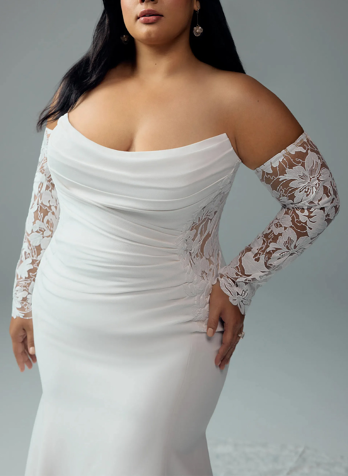 Trumpet Mermaid Off-The-Shoulder Detachable Sleeves Court Train Lace Elastic Satin Wedding Dresses With Appliques Lace