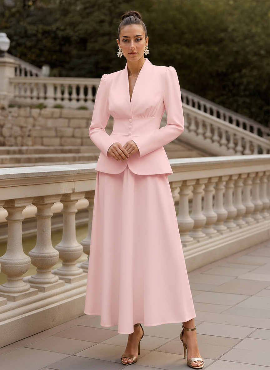 Two Pieces A-Line V-Neck Long Sleeves Ankle-Length Elastic Satin Mother Of The Bride Dresses