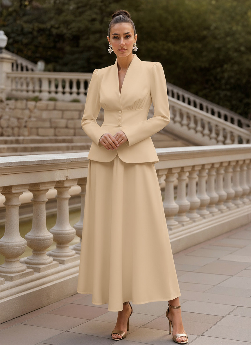 Two Pieces A-Line V-Neck Long Sleeves Ankle-Length Elastic Satin Mother Of The Bride Dresses