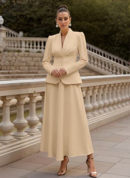 Two Pieces A-Line V-Neck Long Sleeves Ankle-Length Elastic Satin Mother Of The Bride Dresses