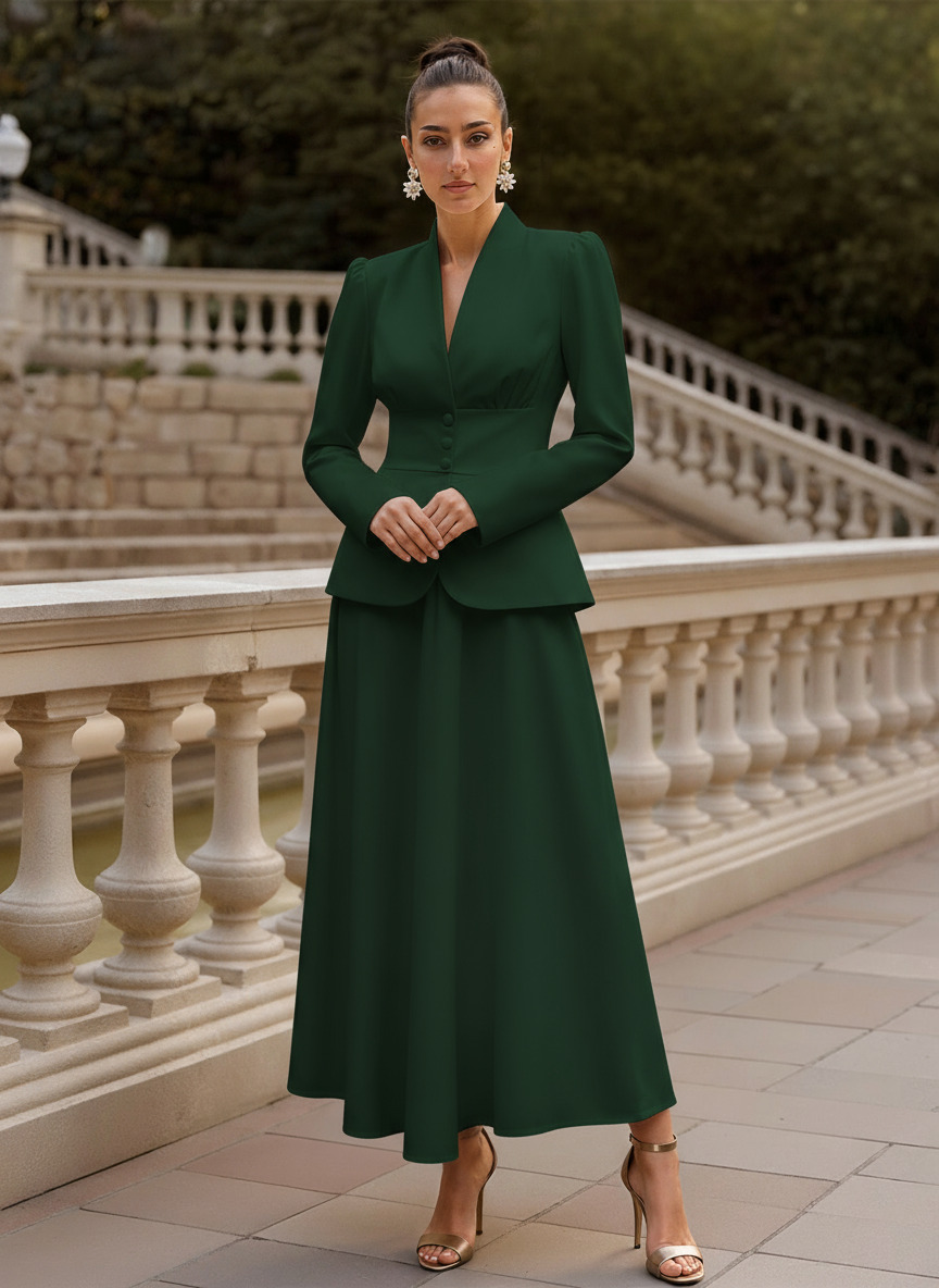 Two Pieces A-Line V-Neck Long Sleeves Ankle-Length Elastic Satin Mother Of The Bride Dresses