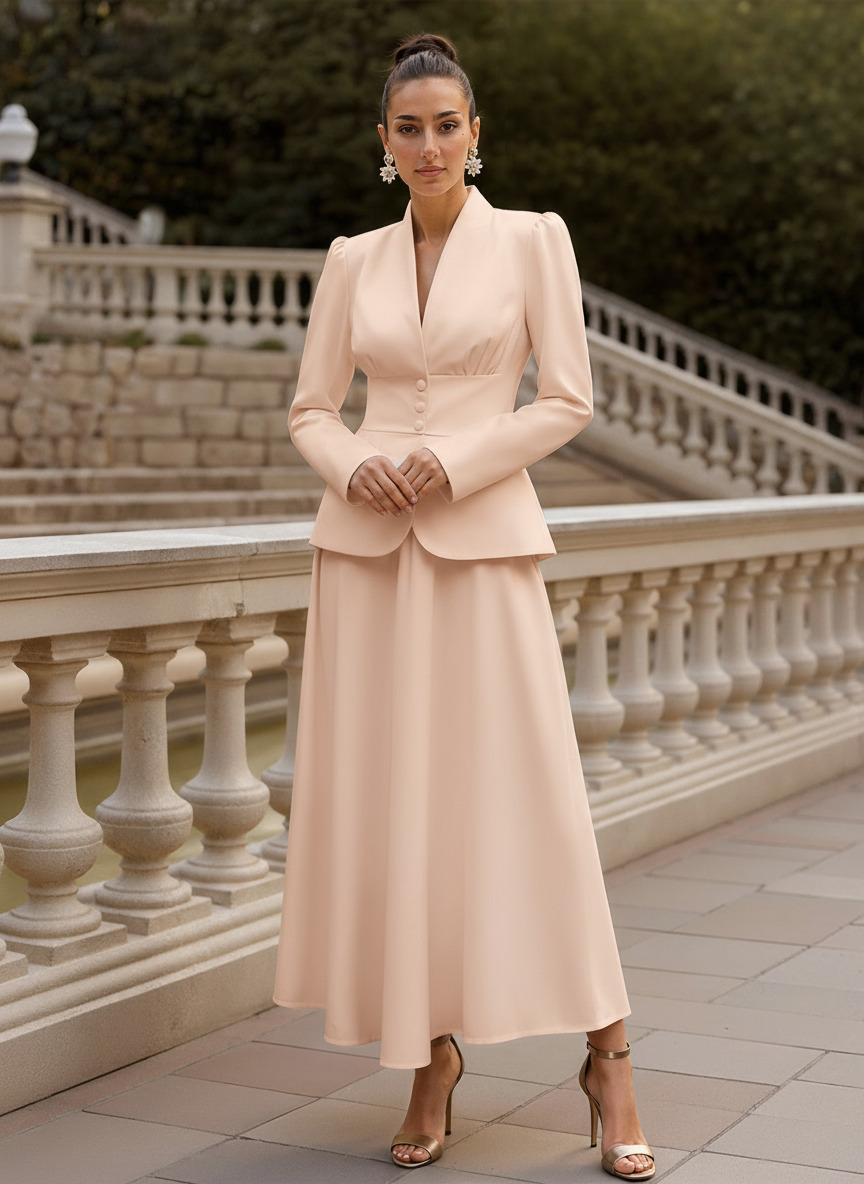 Two Pieces A-Line V-Neck Long Sleeves Ankle-Length Elastic Satin Mother Of The Bride Dresses