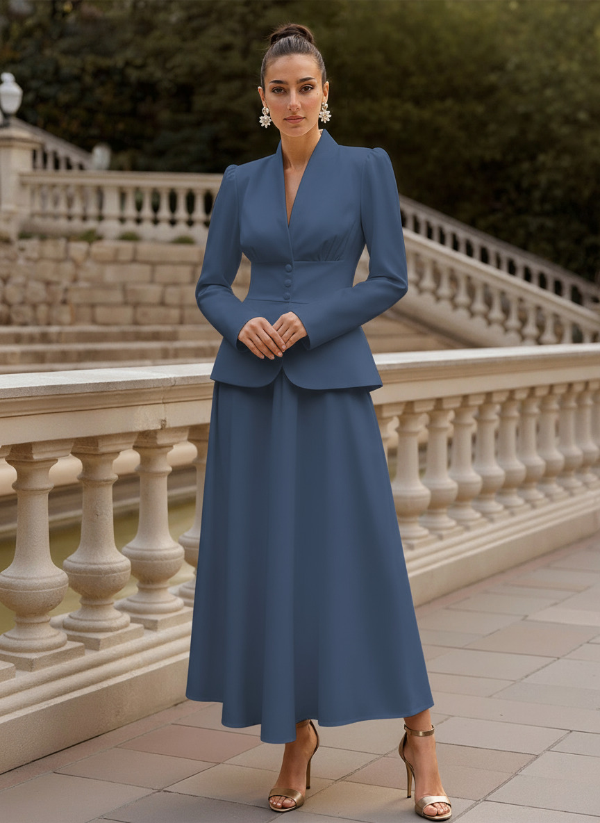 Two Pieces A-Line V-Neck Long Sleeves Ankle-Length Elastic Satin Mother Of The Bride Dresses