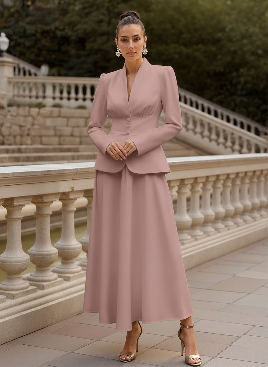 Two Pieces A-Line V-Neck Long Sleeves Ankle-Length Elastic Satin Mother Of The Bride Dresses