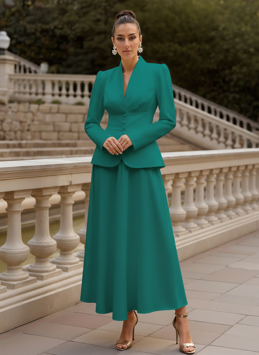 Two Pieces A-Line V-Neck Long Sleeves Ankle-Length Elastic Satin Mother Of The Bride Dresses