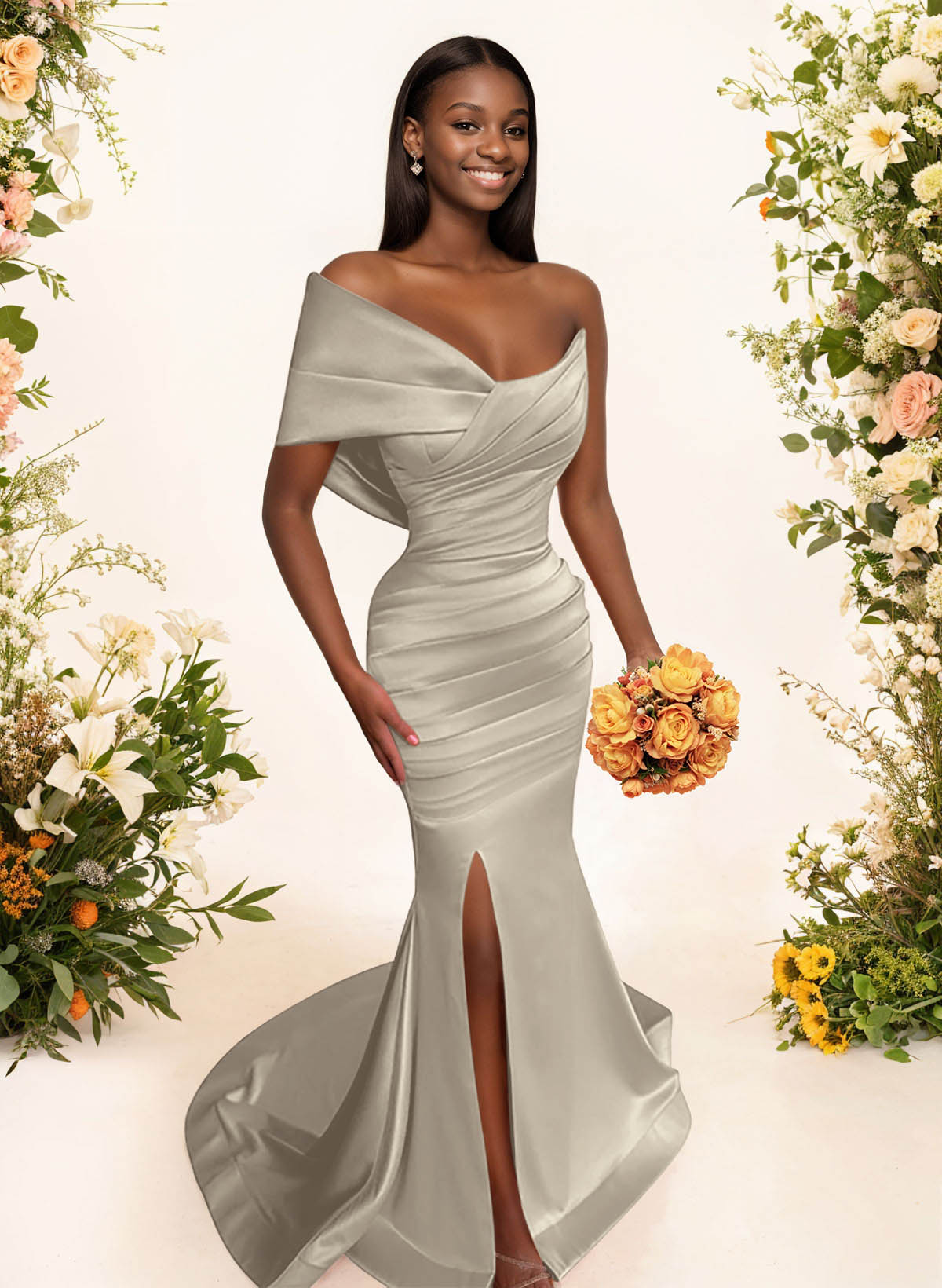 One-Shoulder Sleeveless Sweep Train Satin Bridesmaid Dresses With Split Front, product image 110