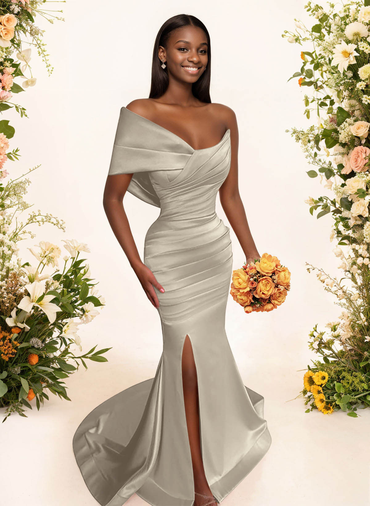 One-Shoulder Sleeveless Sweep Train Satin Bridesmaid Dresses With Split Front, product image 110
