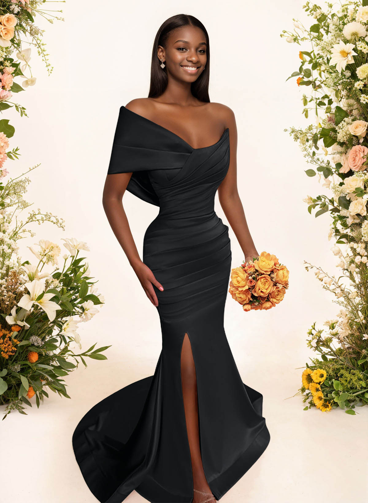 One-Shoulder Sleeveless Sweep Train Satin Bridesmaid Dresses With Split Front, product image 4