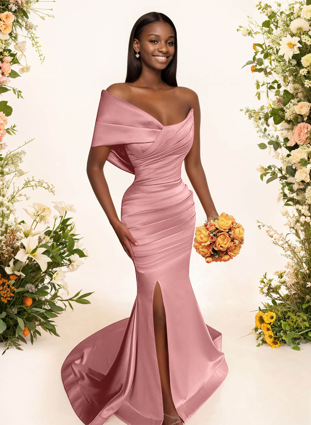 One-Shoulder Sleeveless Sweep Train Satin Bridesmaid Dresses With Split Front, product image 38