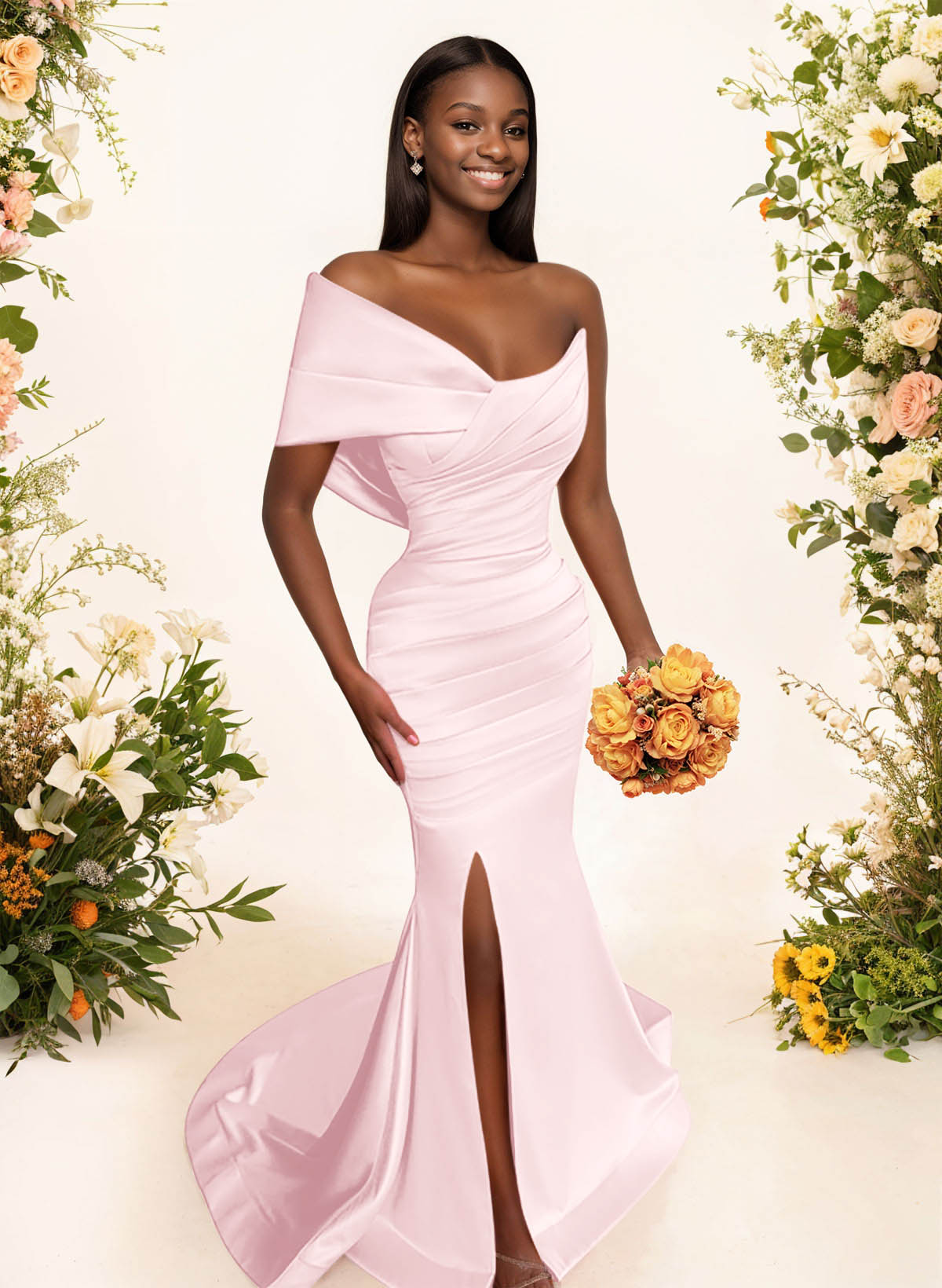 One-Shoulder Sleeveless Sweep Train Satin Bridesmaid Dresses With Split Front, product image 44
