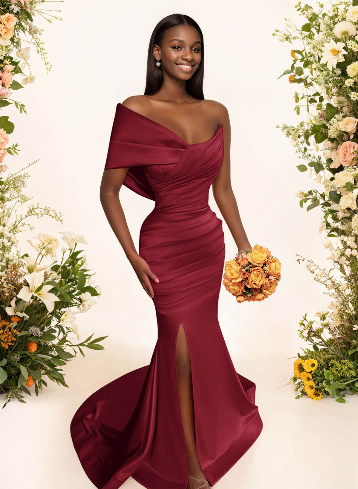 One-Shoulder Sleeveless Sweep Train Satin Bridesmaid Dresses With Split Front, product image 50