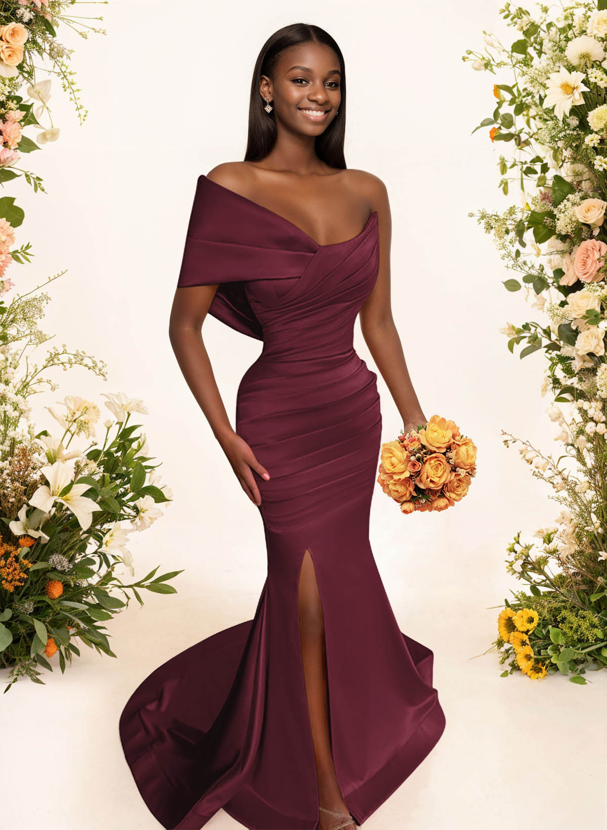 One-Shoulder Sleeveless Sweep Train Satin Bridesmaid Dresses With Split Front, product image 52