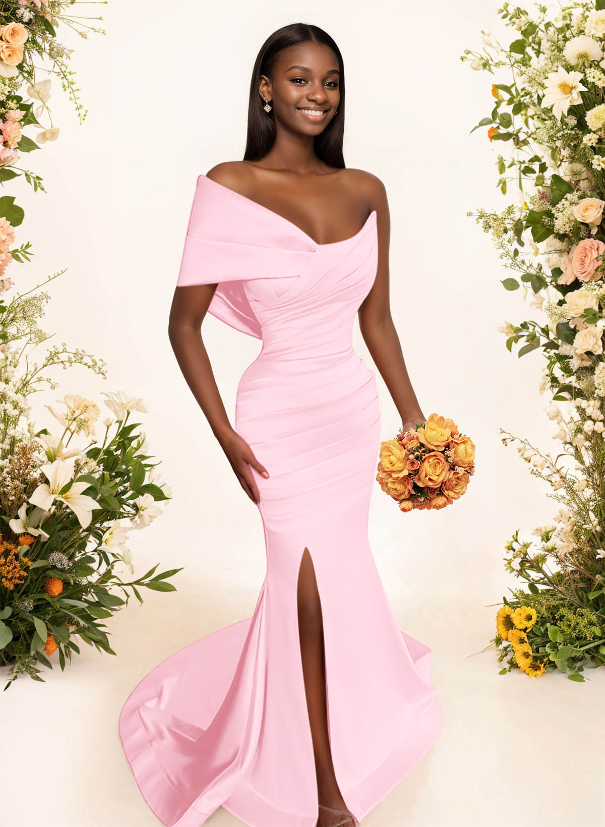 One-Shoulder Sleeveless Sweep Train Satin Bridesmaid Dresses With Split Front, product image 46