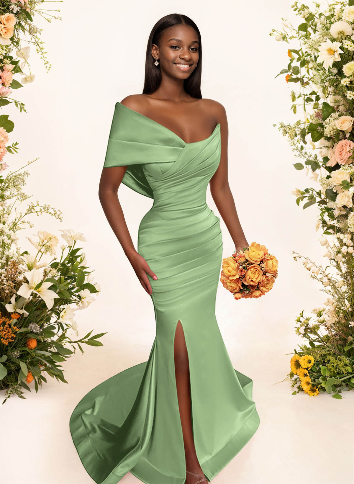 One-Shoulder Sleeveless Sweep Train Satin Bridesmaid Dresses With Split Front, product image 90