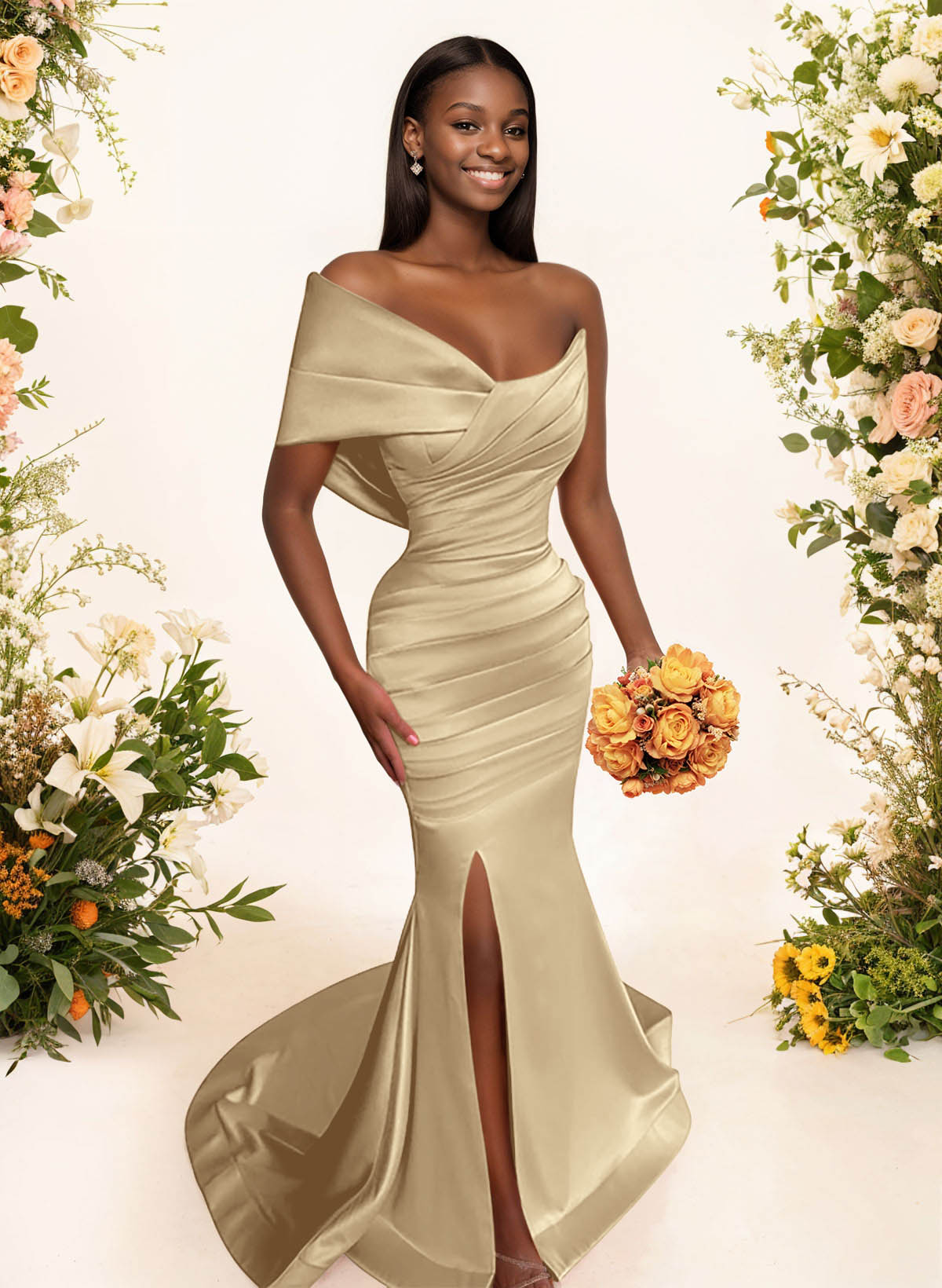 One-Shoulder Sleeveless Sweep Train Satin Bridesmaid Dresses With Split Front, product image 6