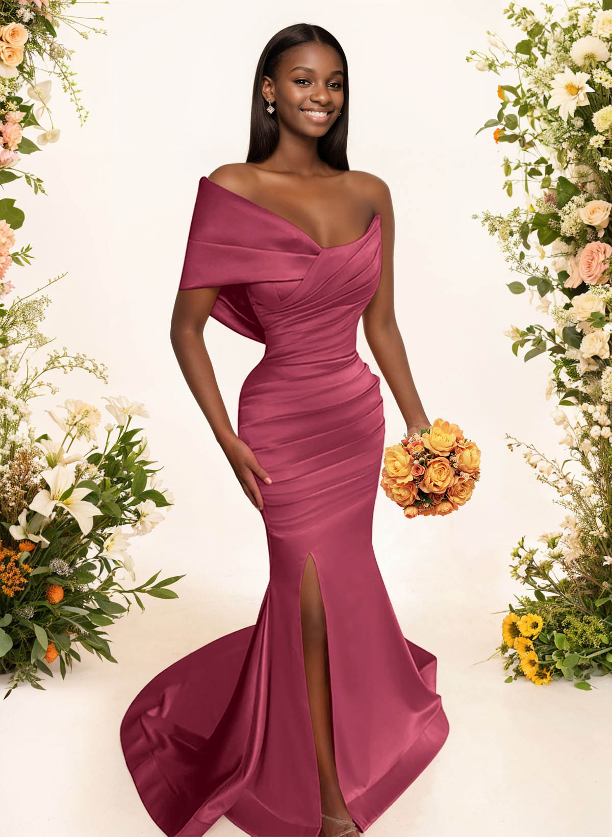 One-Shoulder Sleeveless Sweep Train Satin Bridesmaid Dresses With Split Front, product image 54