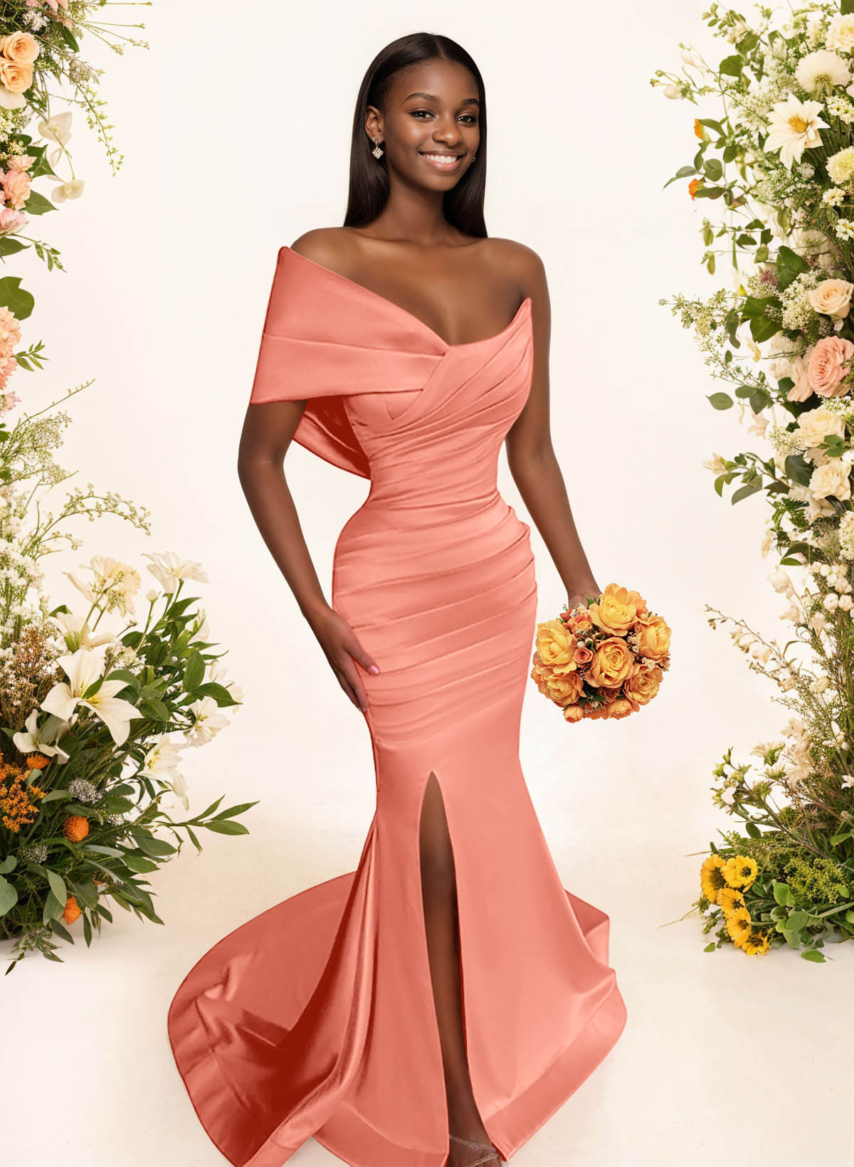 One-Shoulder Sleeveless Sweep Train Satin Bridesmaid Dresses With Split Front, product image 42