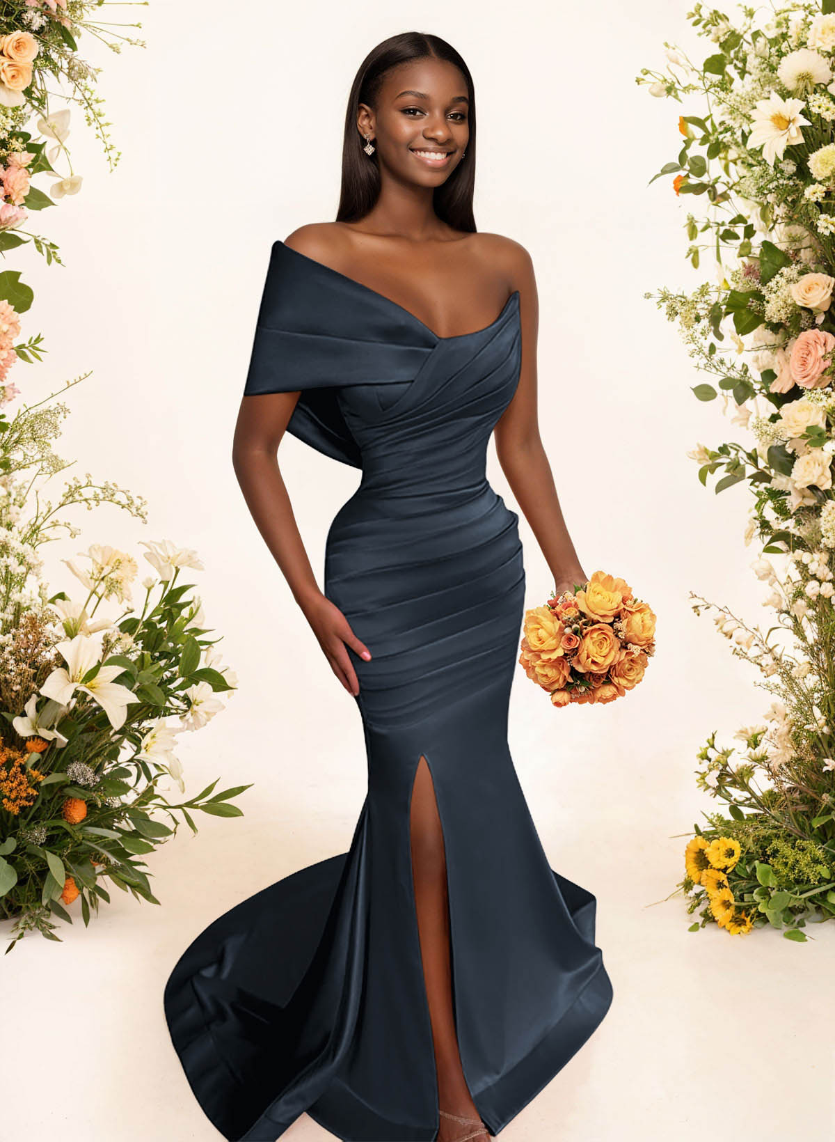 One-Shoulder Sleeveless Sweep Train Satin Bridesmaid Dresses With Split Front, product image 8