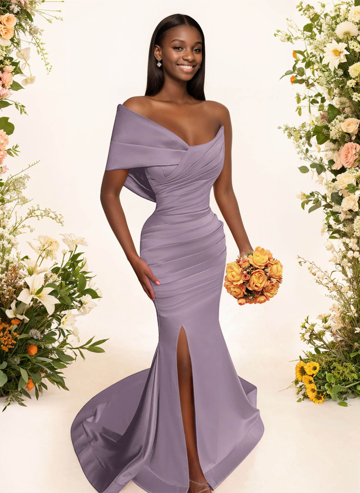 One-Shoulder Sleeveless Sweep Train Satin Bridesmaid Dresses With Split Front, product image 68