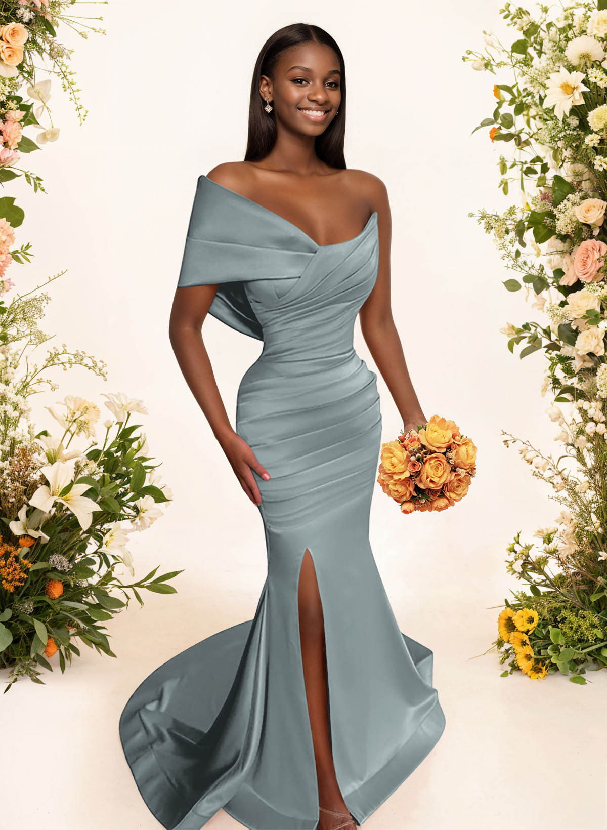 One-Shoulder Sleeveless Sweep Train Satin Bridesmaid Dresses With Split Front, product image 18