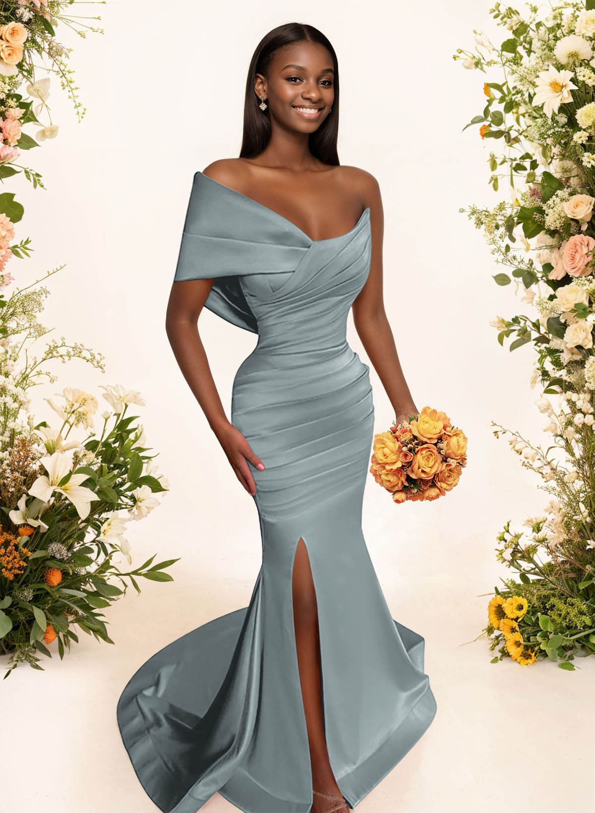 One-Shoulder Sleeveless Sweep Train Satin Bridesmaid Dresses With Split Front, product image 18