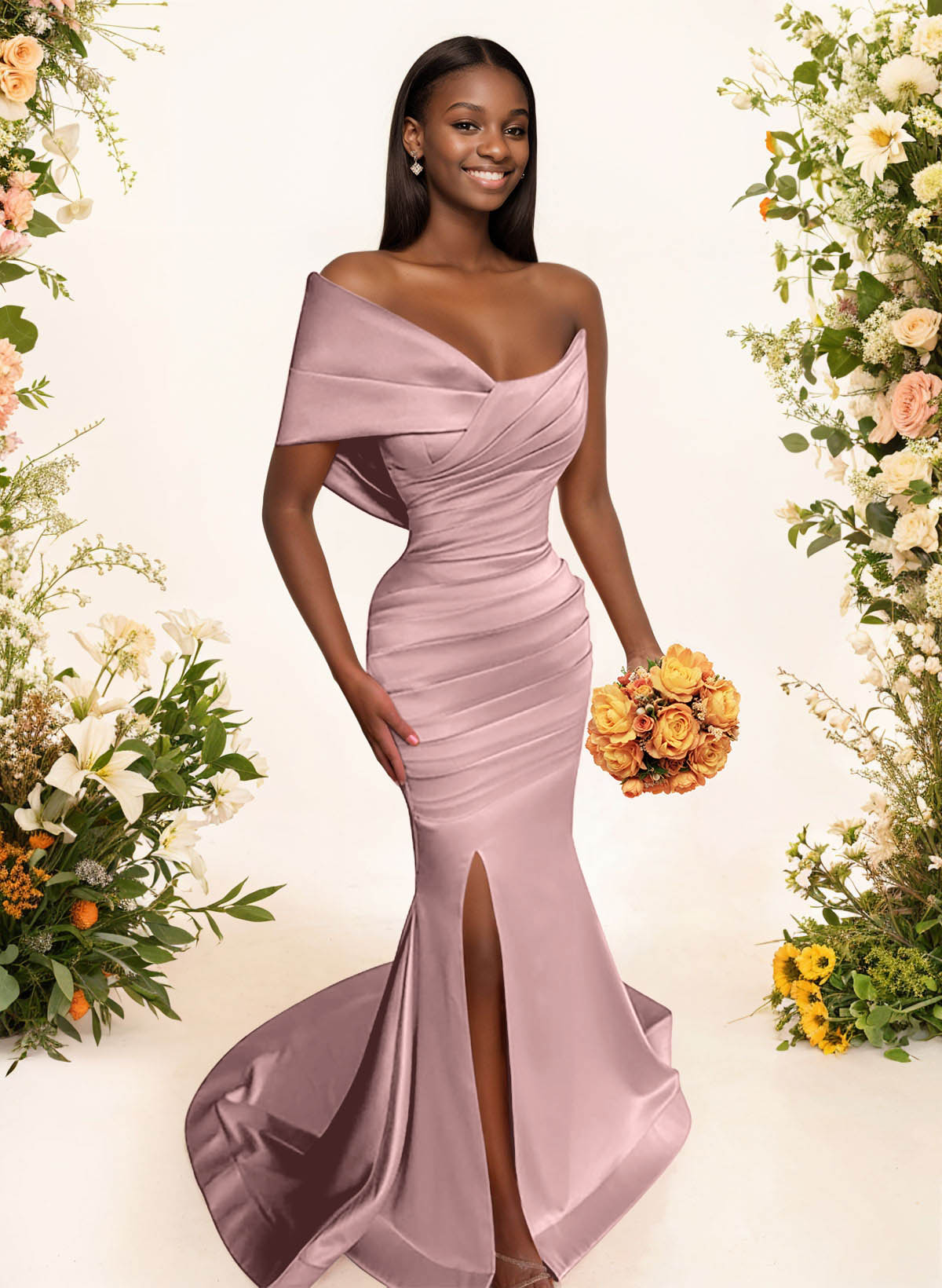 One-Shoulder Sleeveless Sweep Train Satin Bridesmaid Dresses With Split Front, product image 34