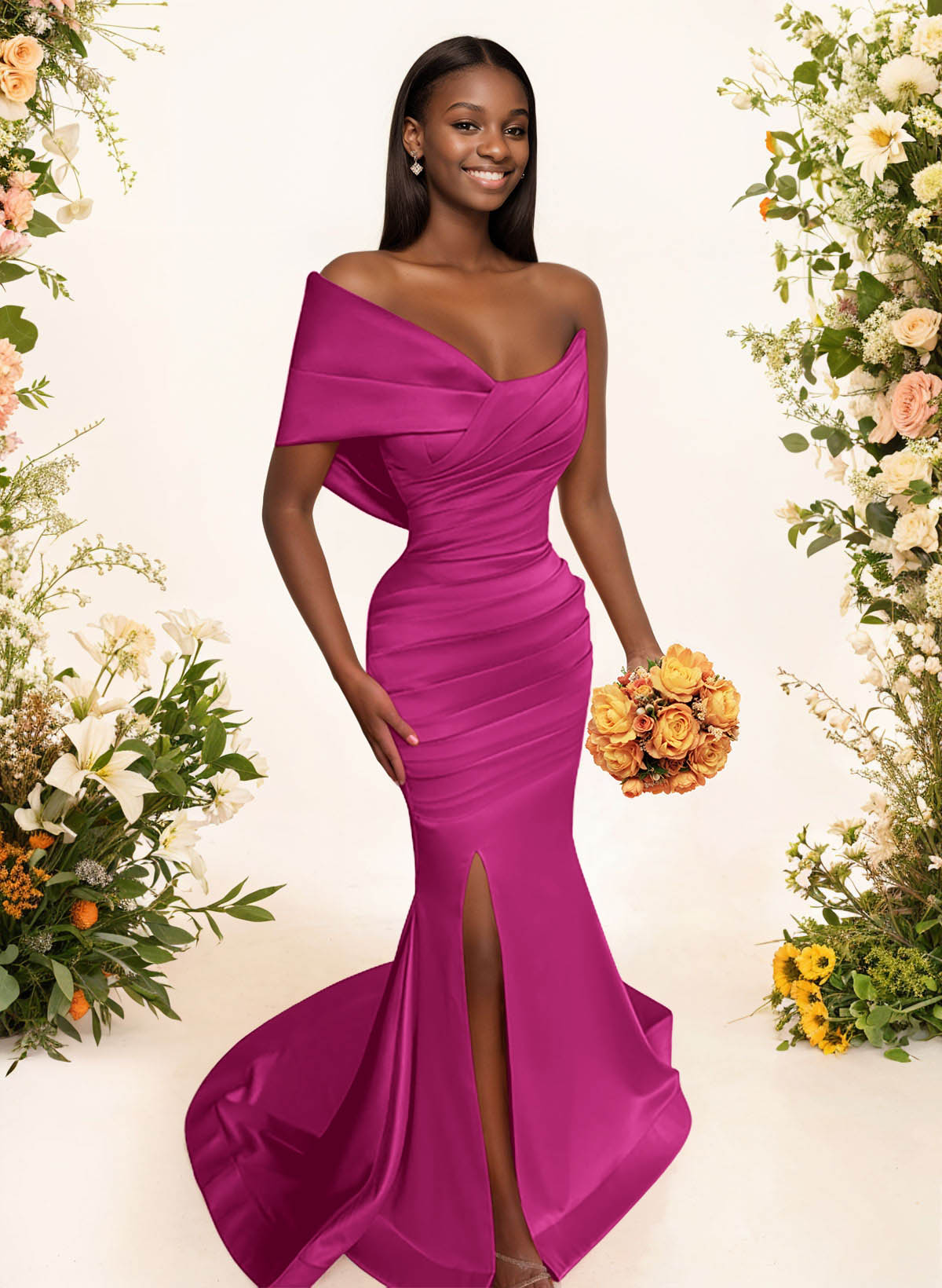 One-Shoulder Sleeveless Sweep Train Satin Bridesmaid Dresses With Split Front, product image 30