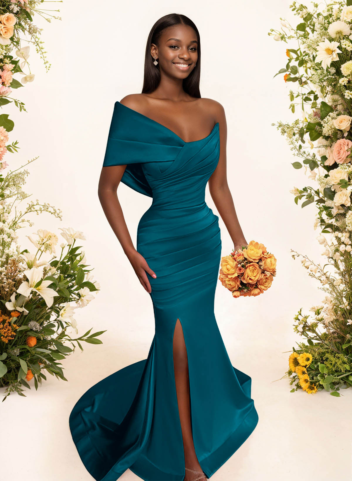 One-Shoulder Sleeveless Sweep Train Satin Bridesmaid Dresses With Split Front, product image 22