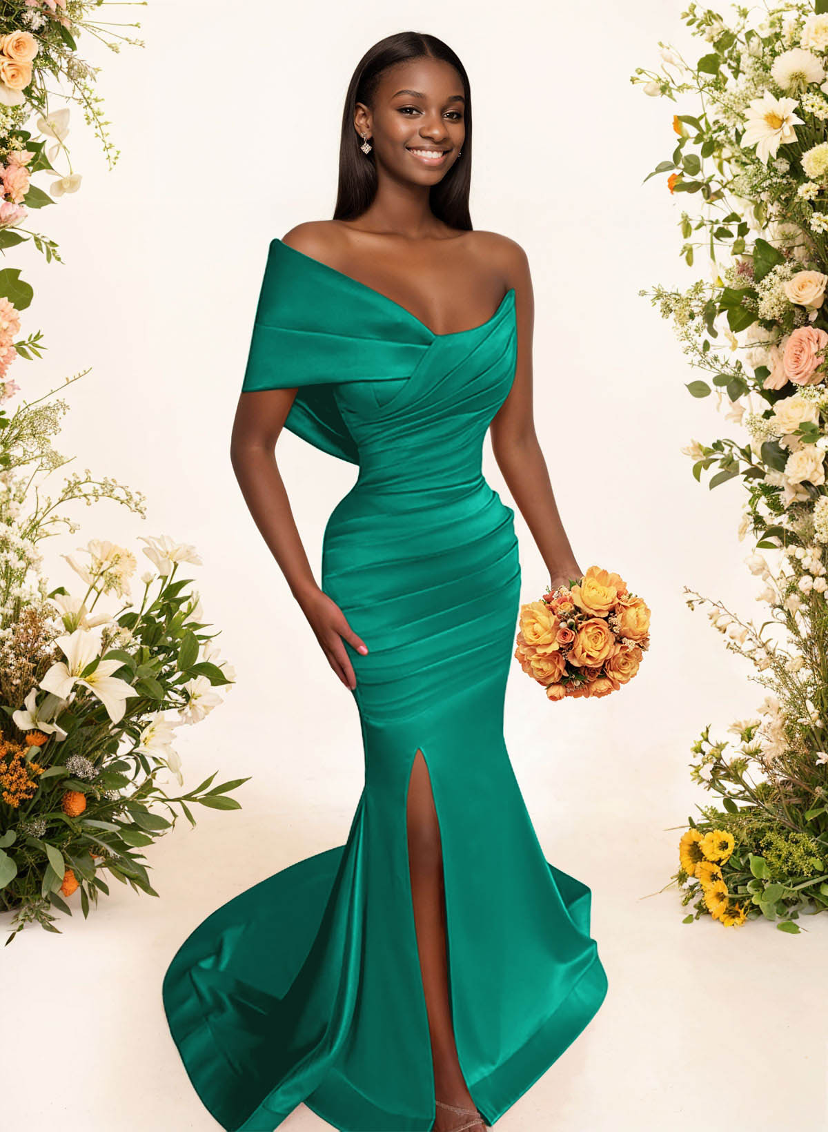 One-Shoulder Sleeveless Sweep Train Satin Bridesmaid Dresses With Split Front, product image 100